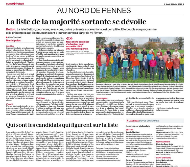Article Ouest-France sur la liste municipale Betton pour les élections de 2026